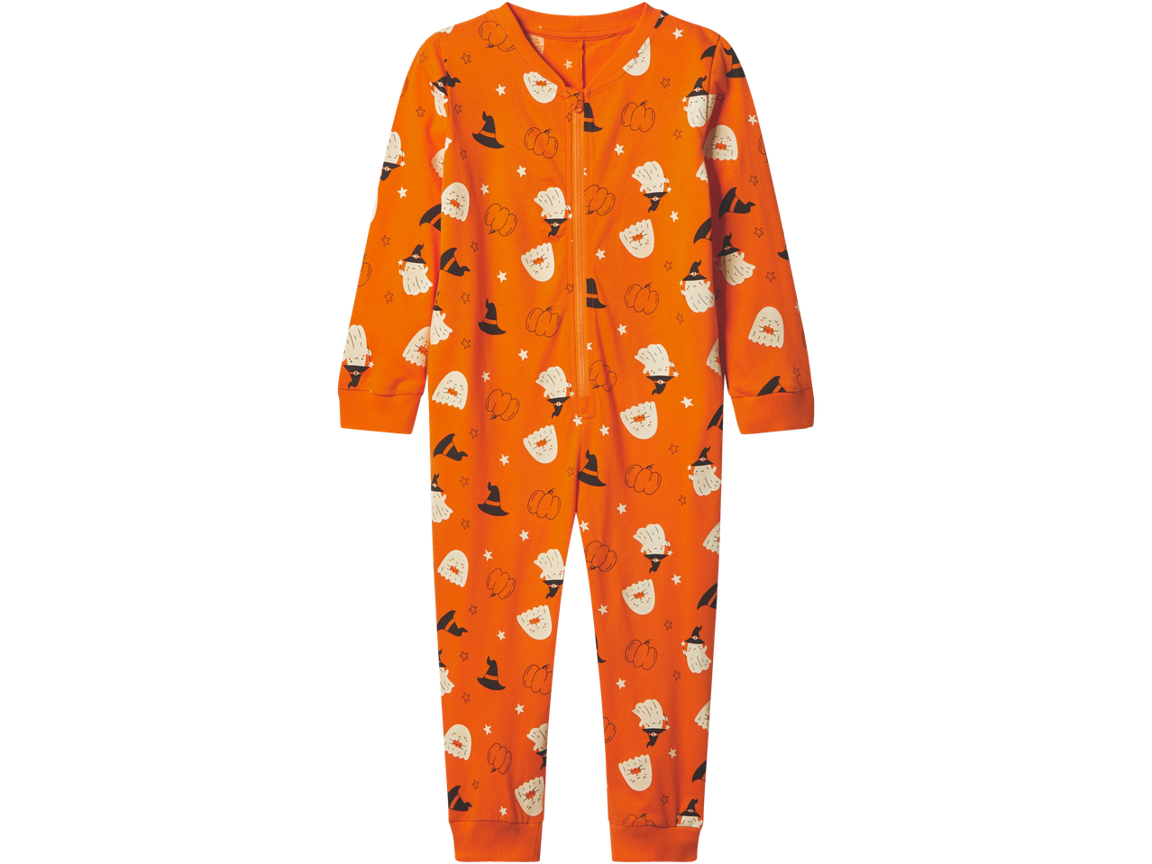 lupilu® Pijama: Salopetă portocalie cu tematică de Halloween, cu fantome, dovleci și pălării de vrăjitoare.