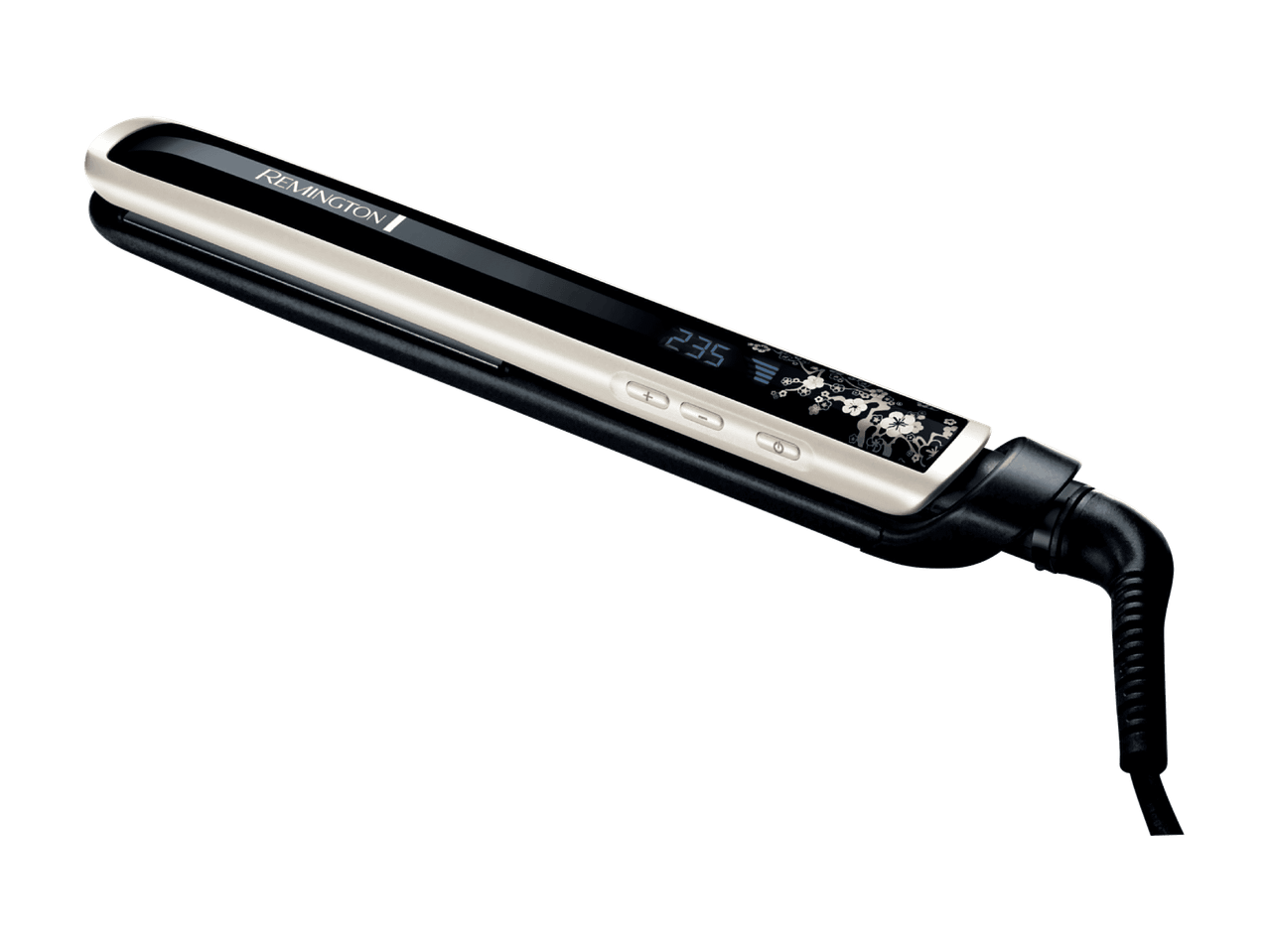 Remington Haarglätter in Schwarz und Beige mit Digitalanzeige und Blumenmuster.