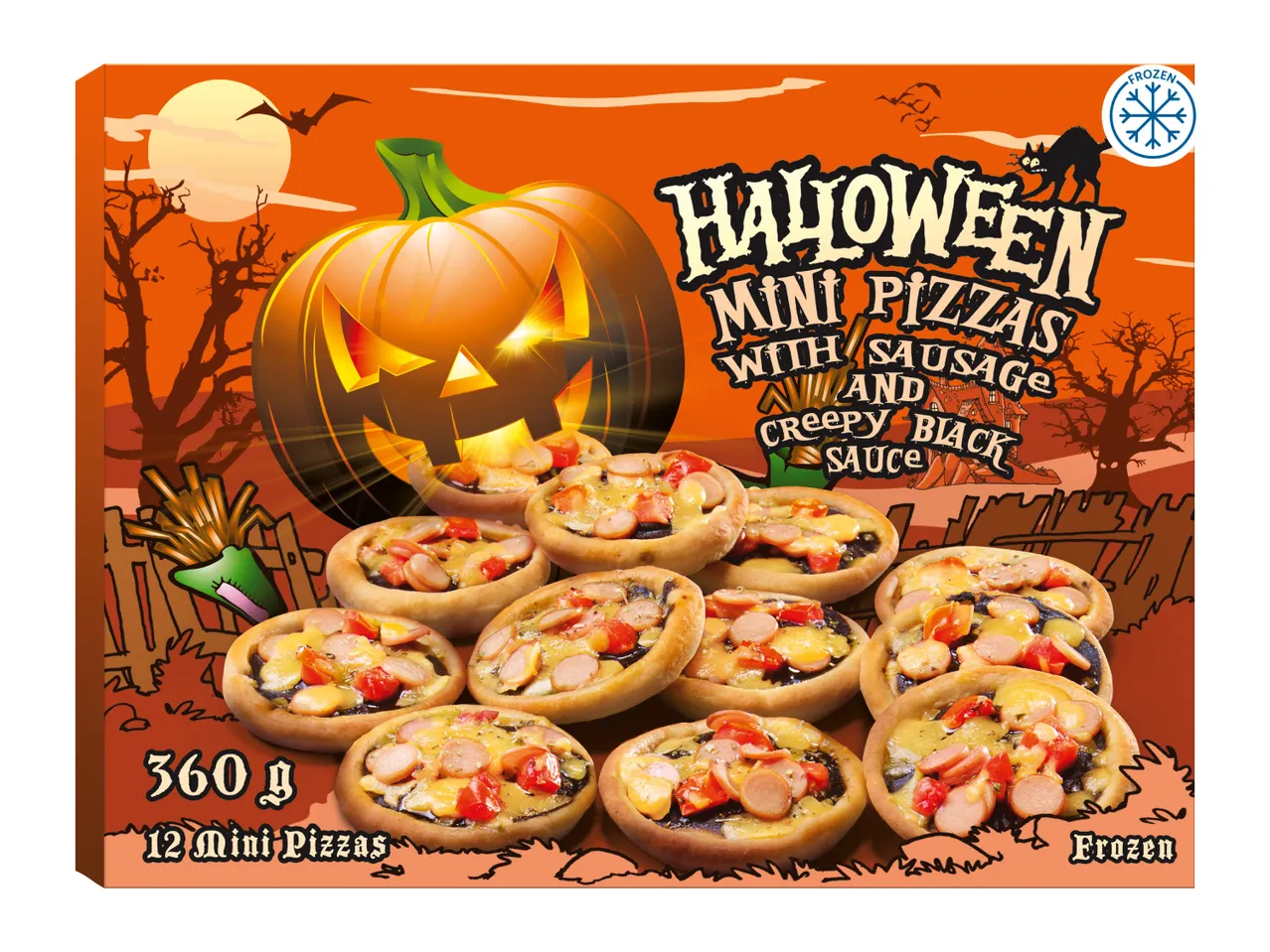 Halloween Mini Pizzas with Sausage and Creepy Black Sauce, 360g, 12 frozen pizzas.