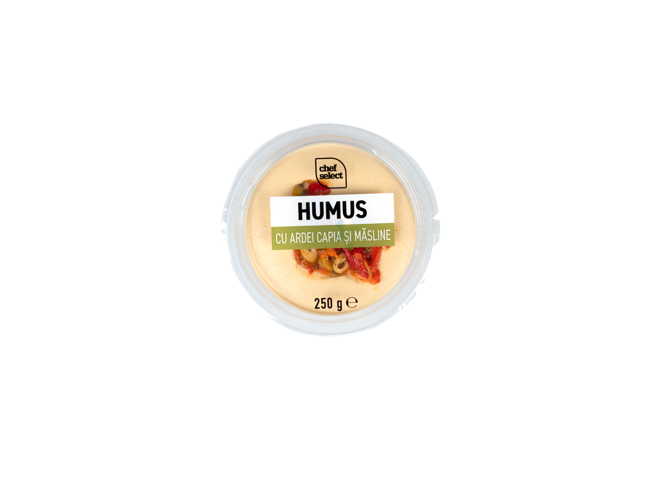 Hummus Chef Select cu ardei capia și măsline, 250 g.