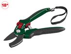 Green and black garden pruning shears with a red safety lock and a black wrist strap.