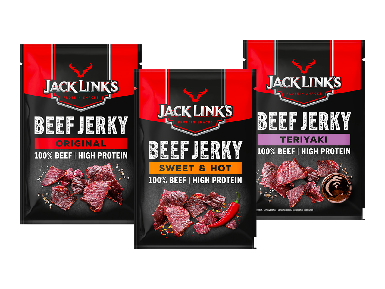 Jack Link's Beef Jerky in Original, Sweet & Hot, and Teriyaki flavors.
