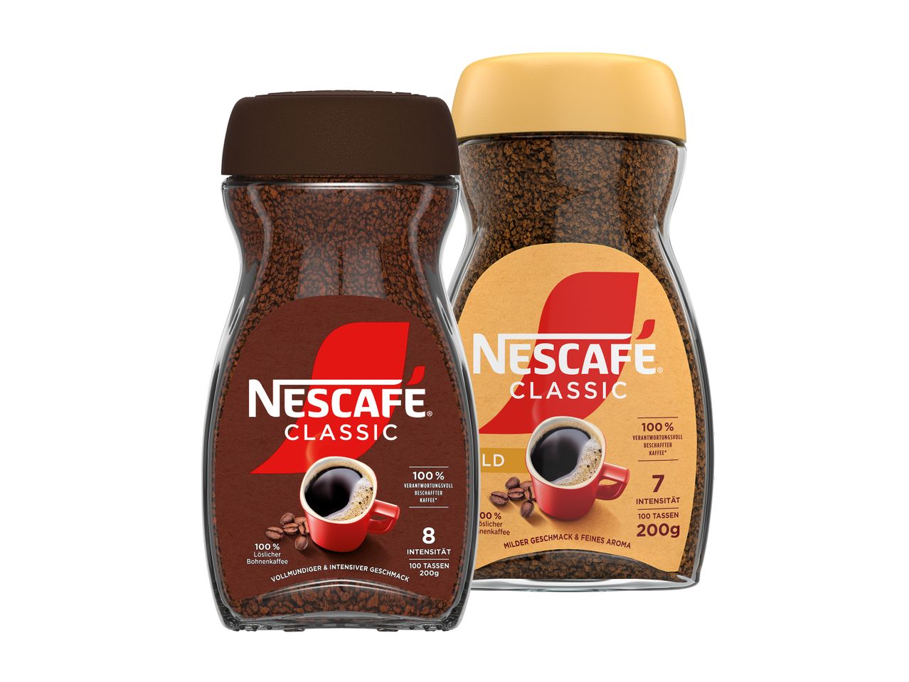 Nescafé Classic Instantkaffee, zwei Intensitäten.