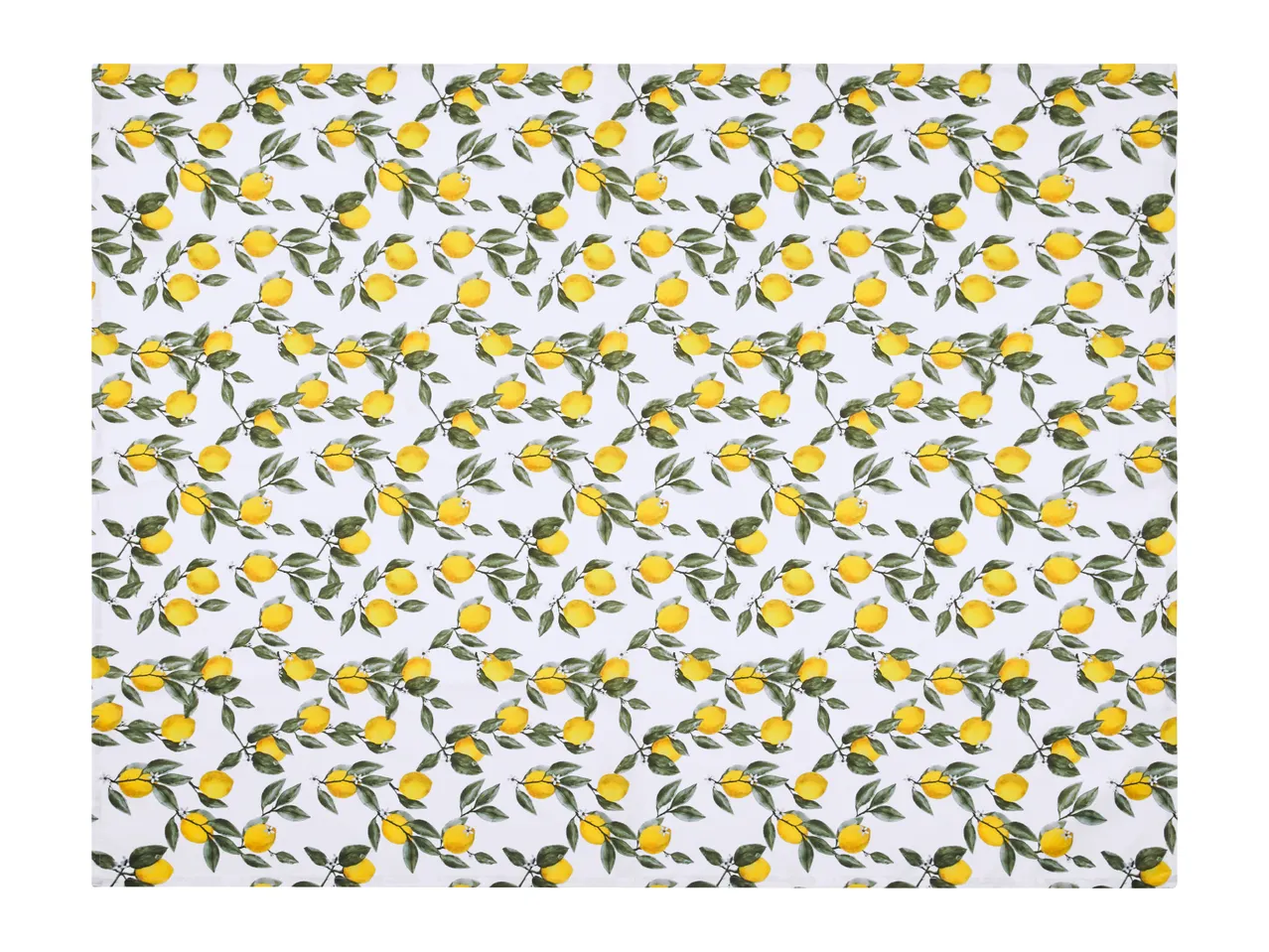 White tablecloth with a repeating pattern of yellow lemons on branches with green leaves.
