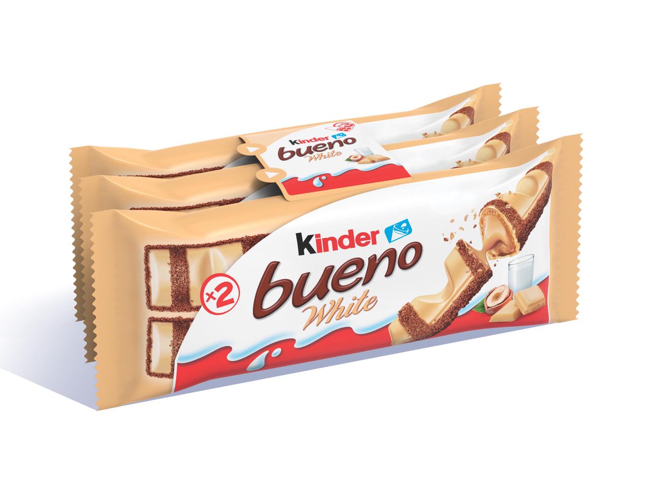 Két Kinder Bueno White csokoládé szelet csomagolva.