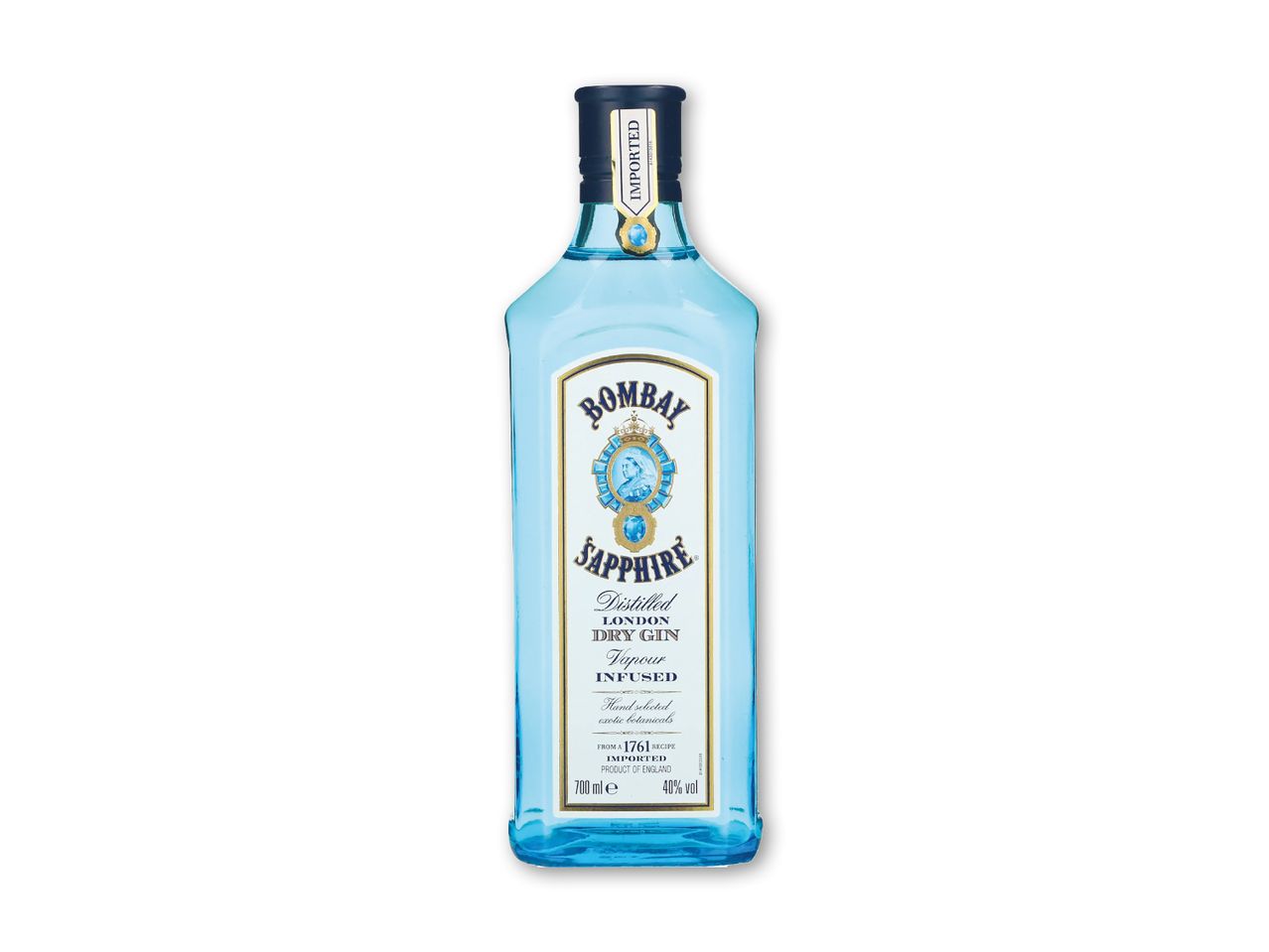 En flaske gin med en blå etiket, der angiver, at den er destilleret London Dry Gin.