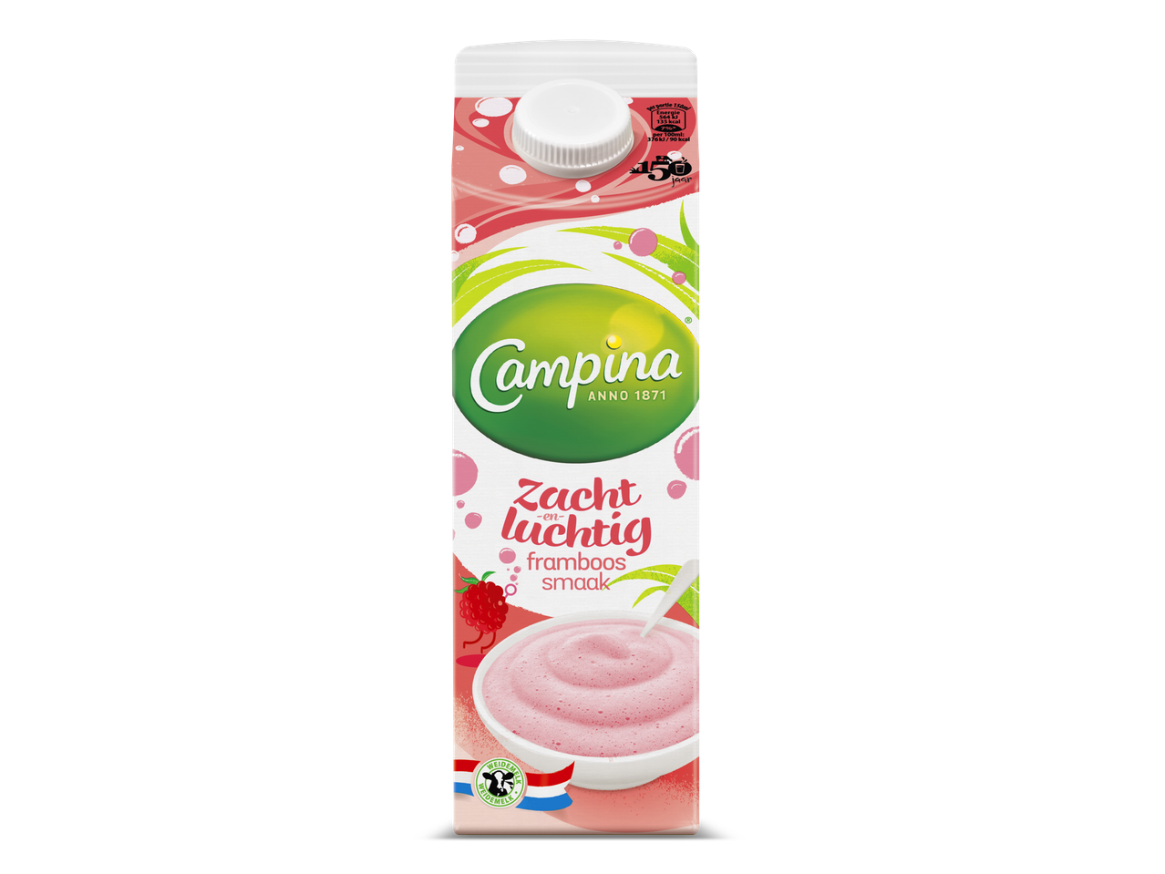 Campina Zacht & Luchtig framboos smaak in een kartonnen verpakking.