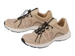 Pair of beige and black athletic shoes with mesh panels and bungee laces