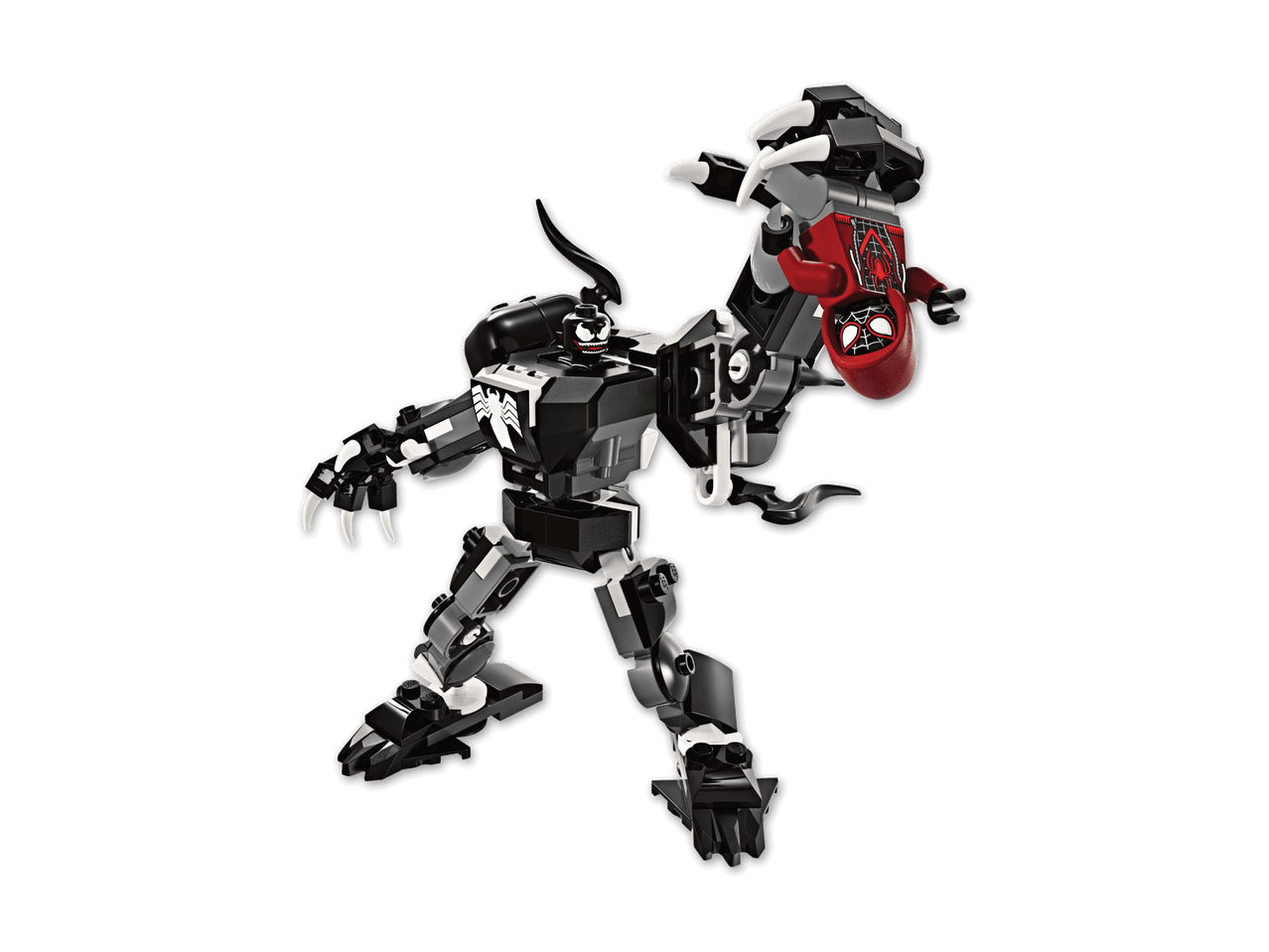 Ein mecha-artiger Roboter, der einen kleineren Roboter trägt.