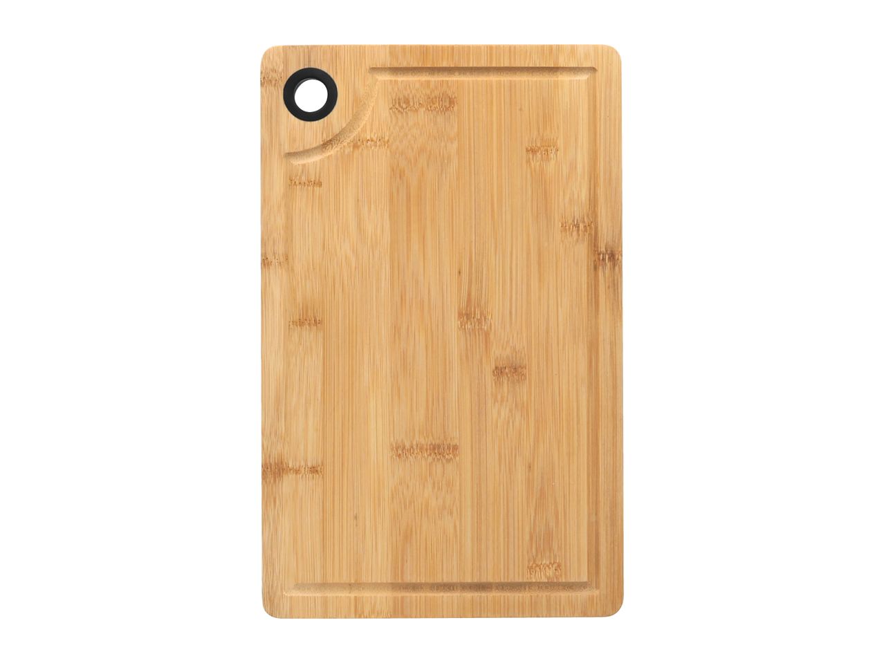 Bamboo cutting board with a black ring for hanging