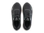 Top view of a pair of black athletic shoes with mint green accents and patterned laces
