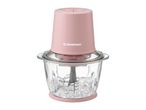 Pink food chopper with a glass bowl filled with ice cubes.