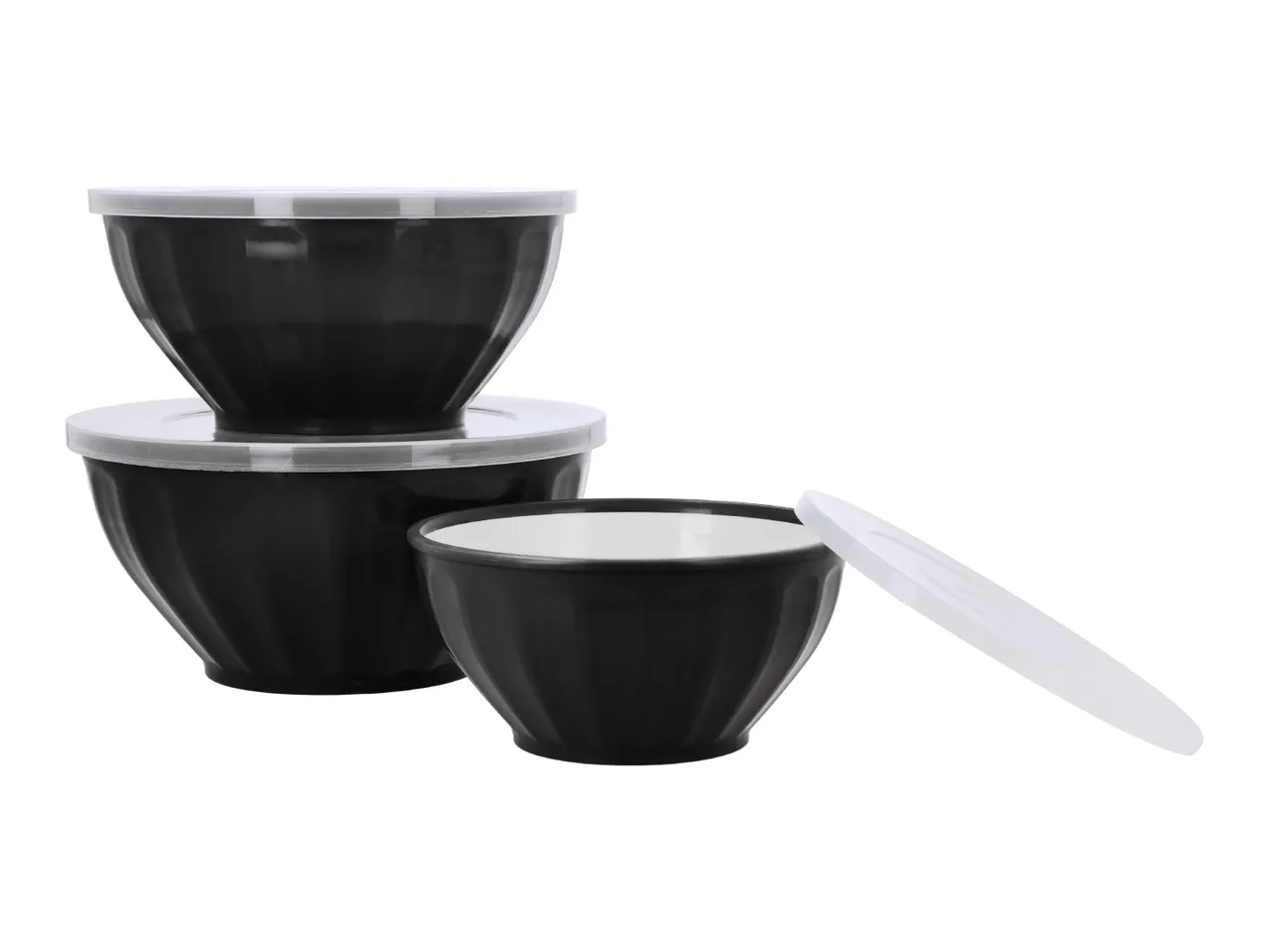 Stack of three black mixing bowls with white lids, one bowl open.