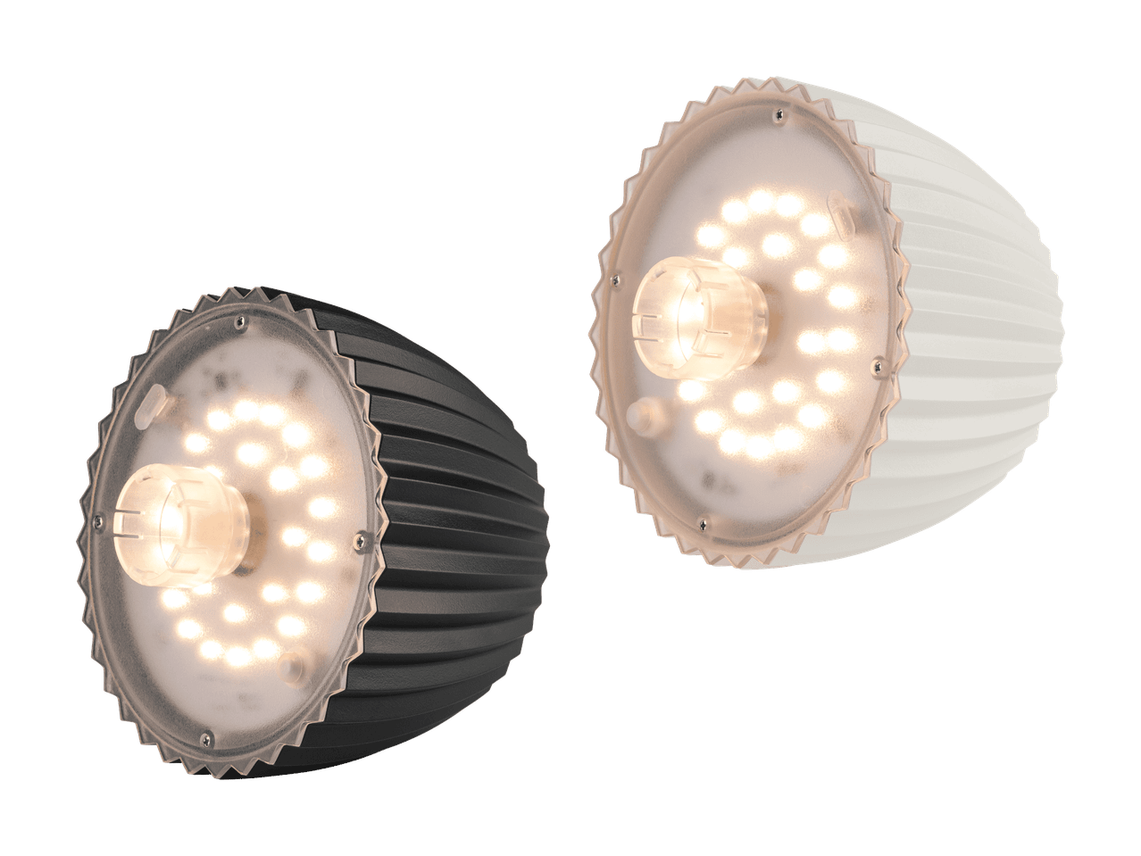 Deux ampoules LED rondes, une noire et une blanche, avec des lumières chaudes allumées.