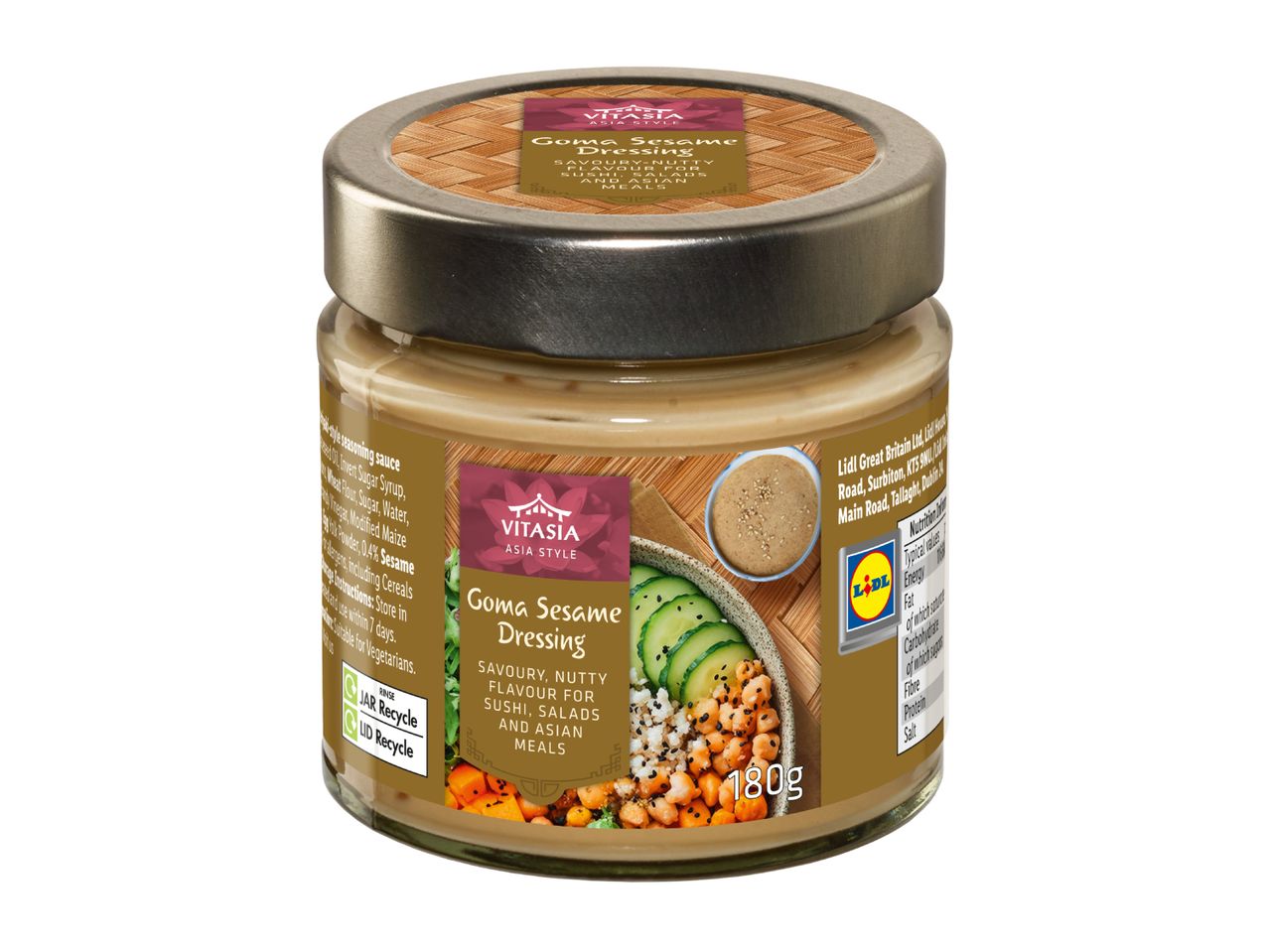 Goma sesame dressing in a glass jar, with a label showing a bowl of salad and the product's description.