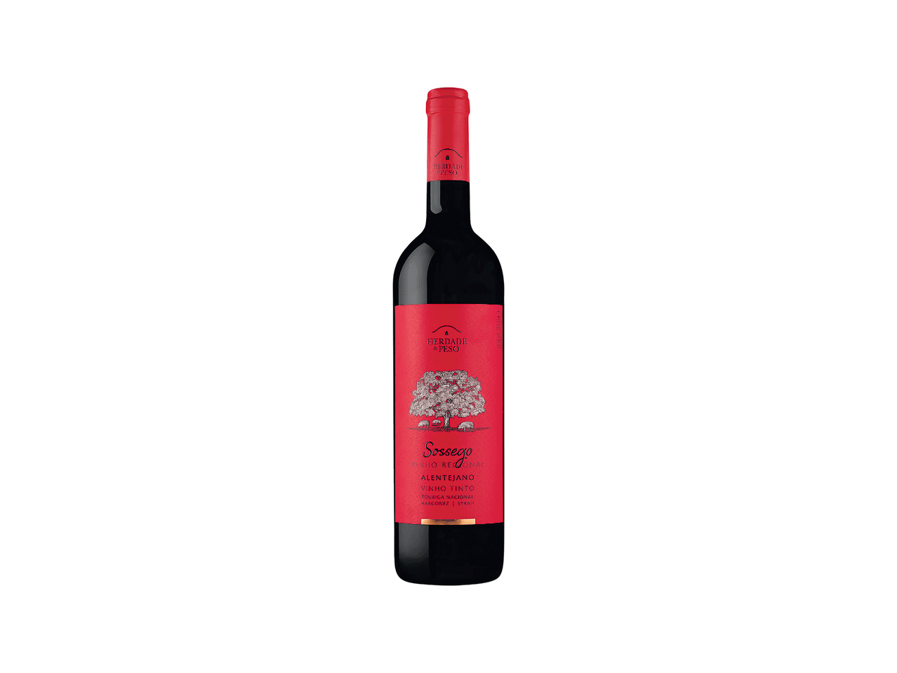 Garrafa de vinho tinto com rótulo vermelho e ilustração de árvore e porcos.