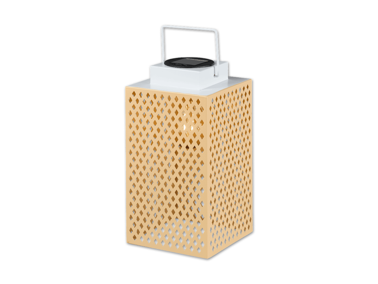 Ein beigefarbener, tragbarer Bluetooth-Lautsprecher mit geometrischem Muster.