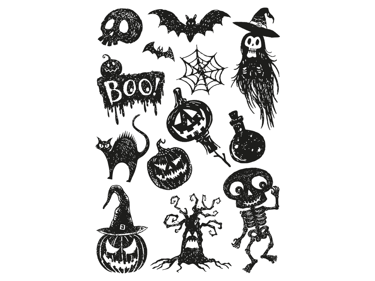 Fekete-fehér, kézzel rajzolt halloweeni matricák ijesztő motívumokkal.