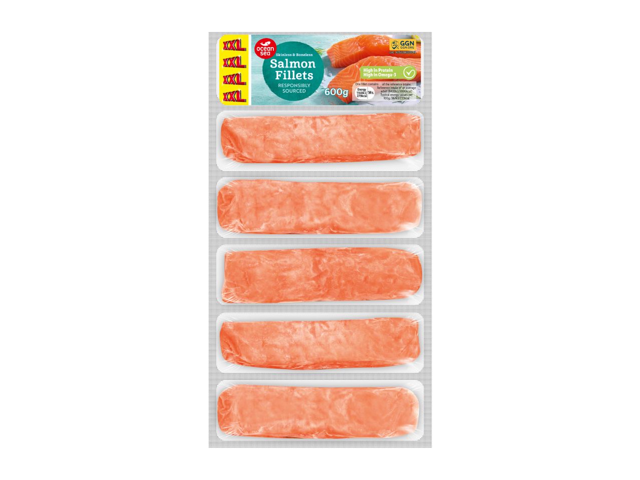 Five packs of skinless and boneless salmon fillets, responsibly sourced, 600g, high in protein and omega-3.