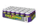 En bakke med 24 lilla og hvide sodavandsdåser med teksten '0 Kalorier' og 'Eksotisk'.