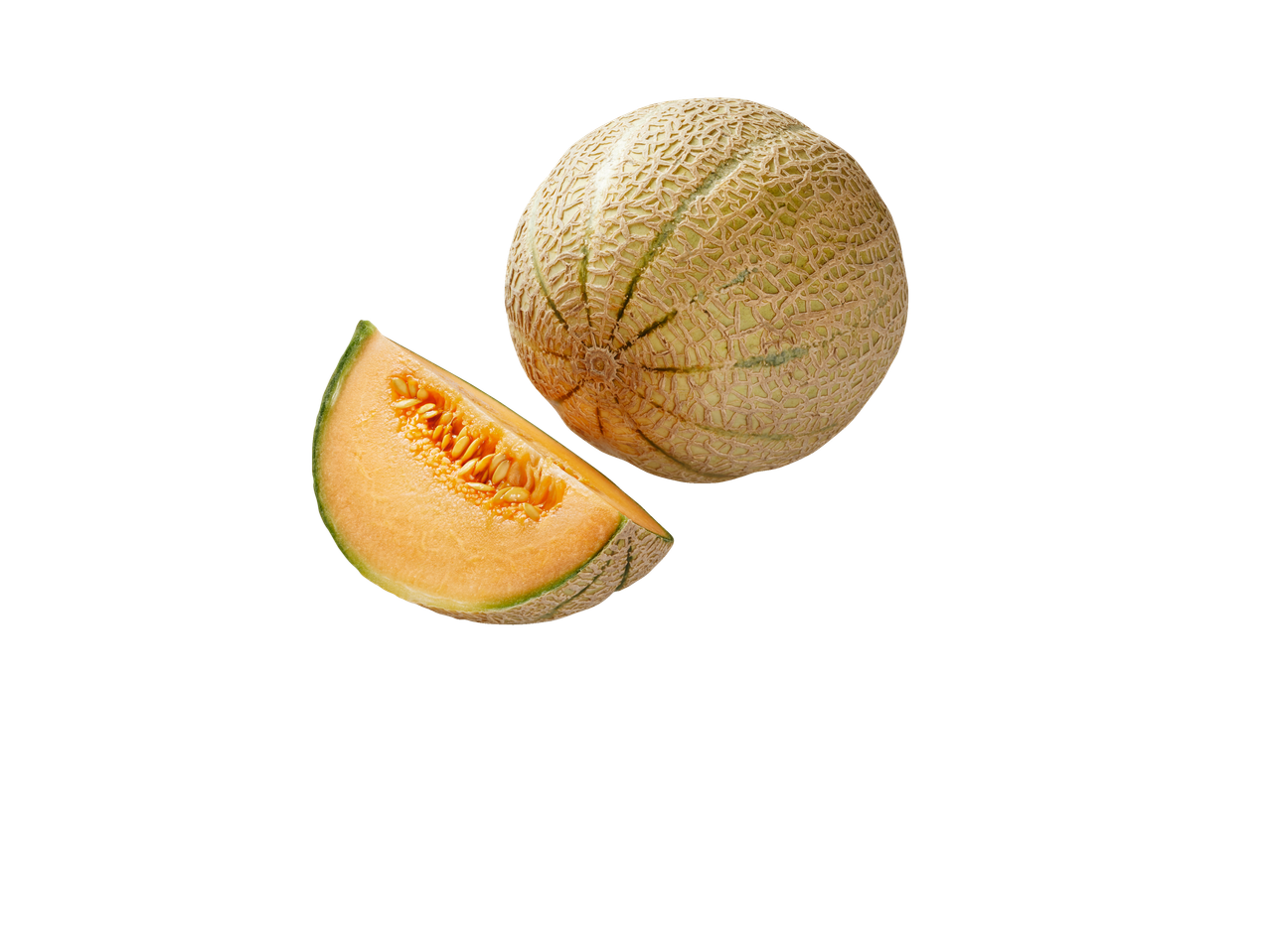 Een cantaloupemeloen en een partje zweven op een zwarte achtergrond.