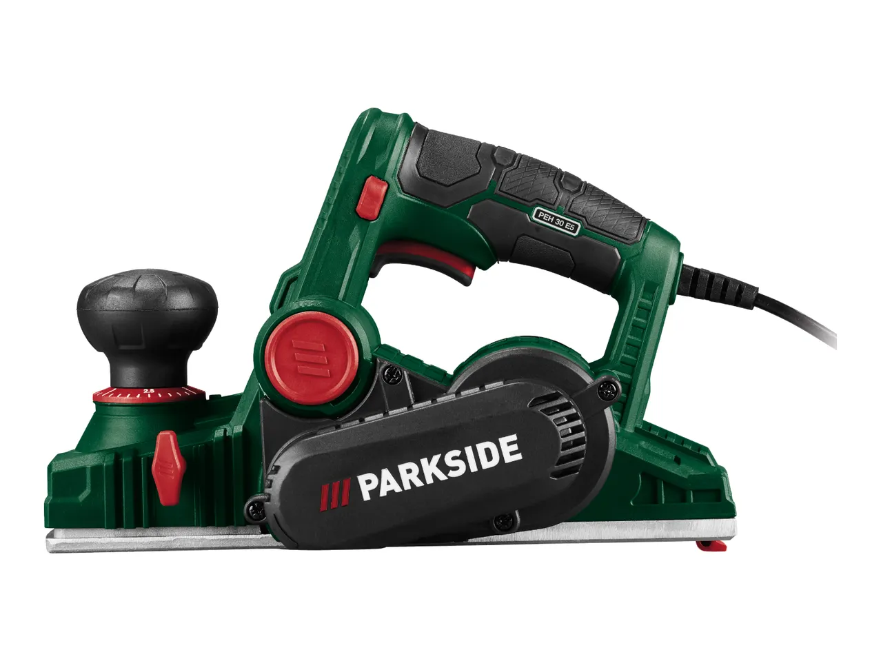 Green and black electric planer with red accents and a black power cord.