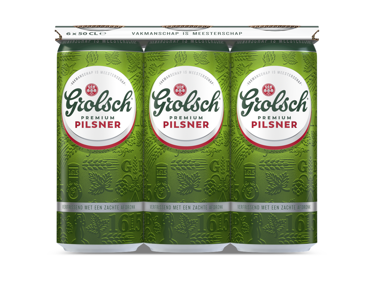 Zes blikjes pilsener in een verpakking, met de tekst 'Vakmanschap is meesterschap'.