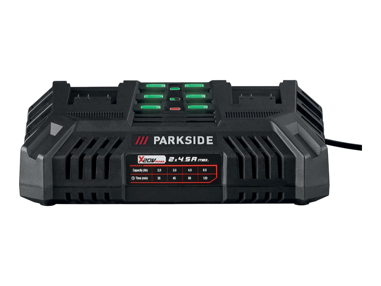 A black Parkside X20V Team battery charger with charging time information.