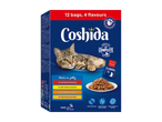 Coshida Nourriture humide chats, 12 sachets avec 4 saveurs différentes, morceaux en gelée