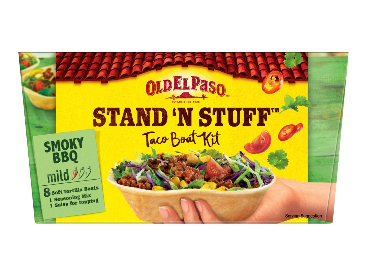 A mild smoky BBQ taco boat kit containing 8 soft tortilla boats, seasoning, and salsa.