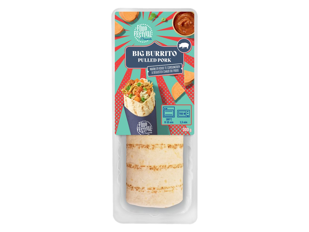 Verpakking Big Burrito Pulled Pork met kookinstructies en ingrediënten.