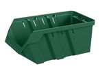 Green plastic storage bin with an open front, ideal for organizing small parts.