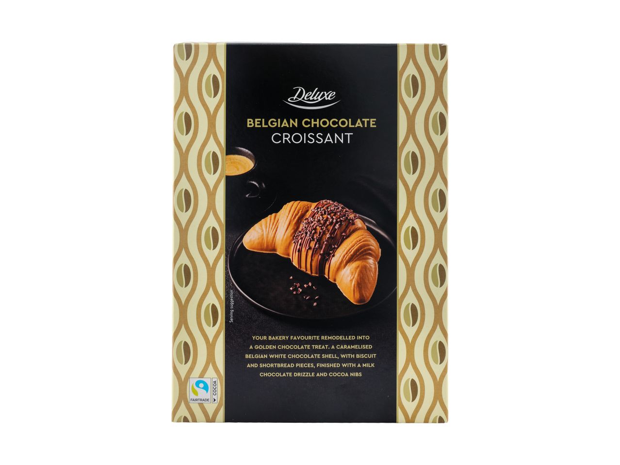 A box of Belgian Chocolate Croissant with a croissant on a plate and text describing the product.