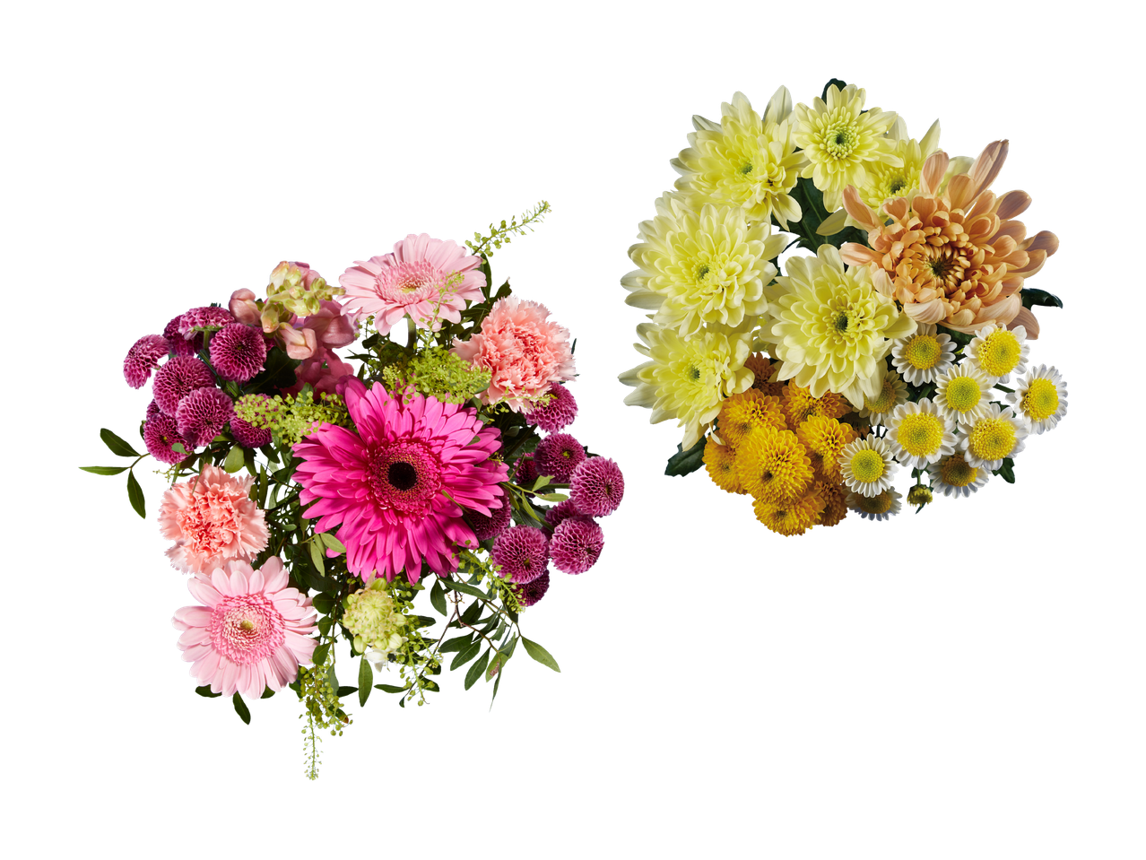 Deux bouquets de fleurs colorés sur fond noir, l'un rose et l'autre jaune.