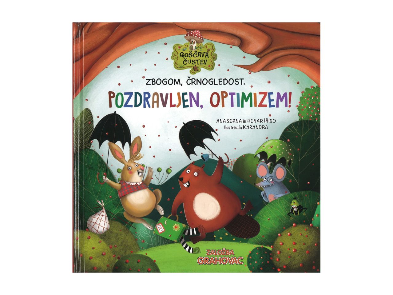 Naslovnica knjige z ilustracijo zajca, bobra in miši pod dežniki.