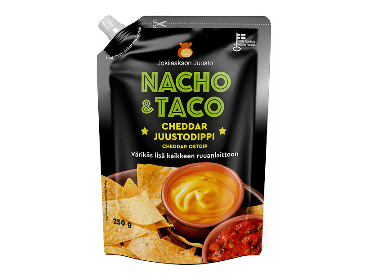 Nacho & Taco -juustokastikepussi, jossa nachoja ja salsakastiketta.