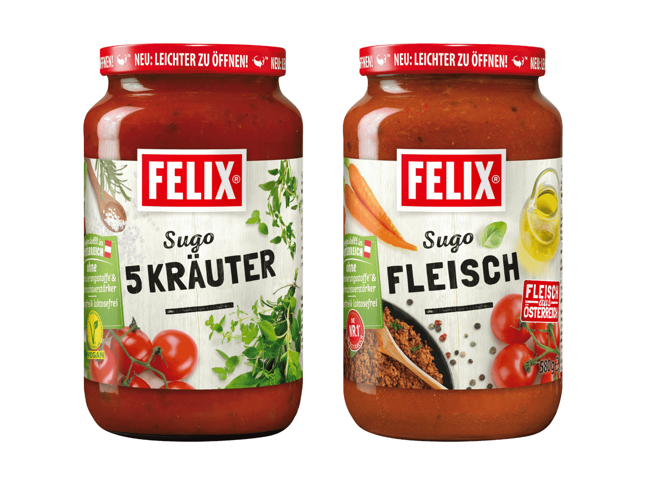 Zwei Gläser Tomatensauce, eine mit 5 Kräutern und eine mit Fleisch, beide mit der Aufschrift „NEU: LEICHTER ZU ÖFFNEN!“