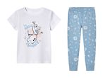 Piges pyjamas med Olaf fra Frost motiv på en hvid t-shirt og blå blomstermønstrede bukser.