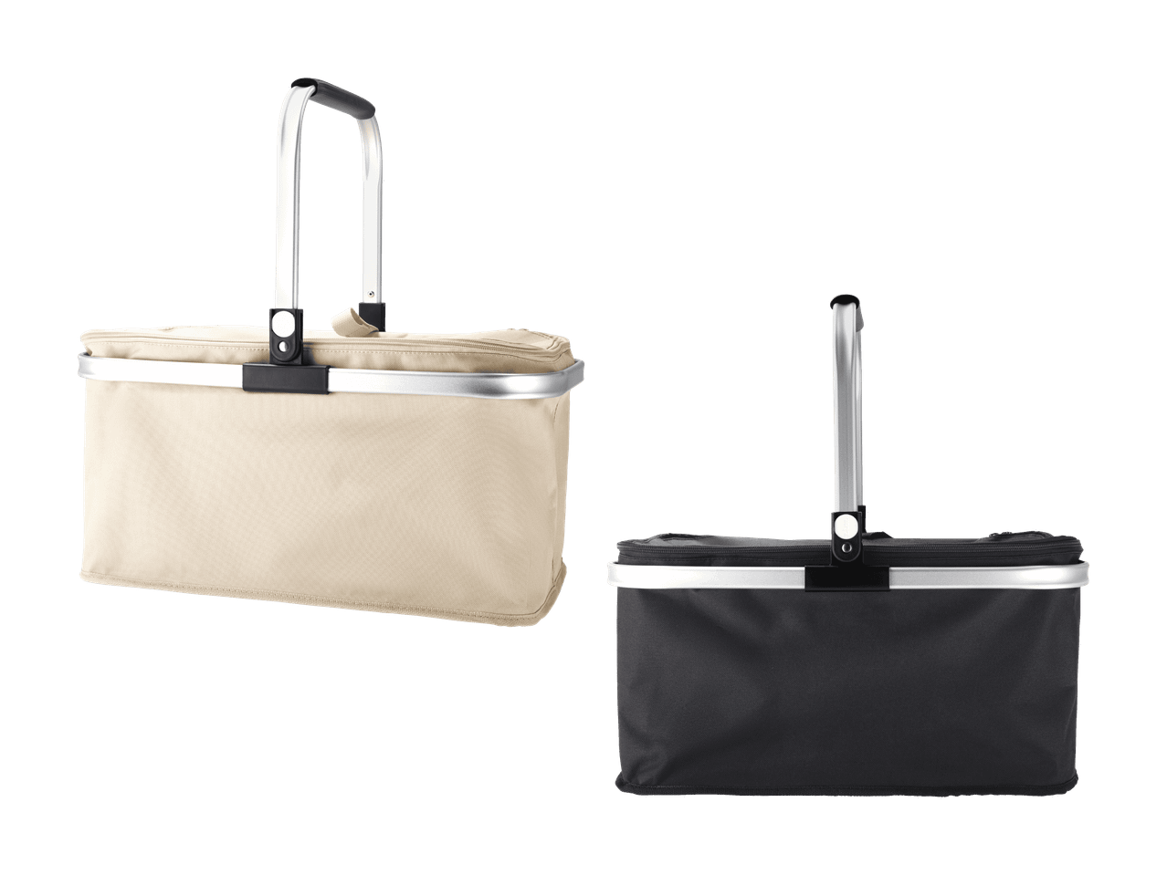 Zwei faltbare Einkaufskörbe mit Aluminiumrahmen, einer beige und einer schwarz.