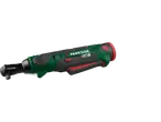 Cordless ratchet wrench in green, black, and red, with a prominent logo and text.