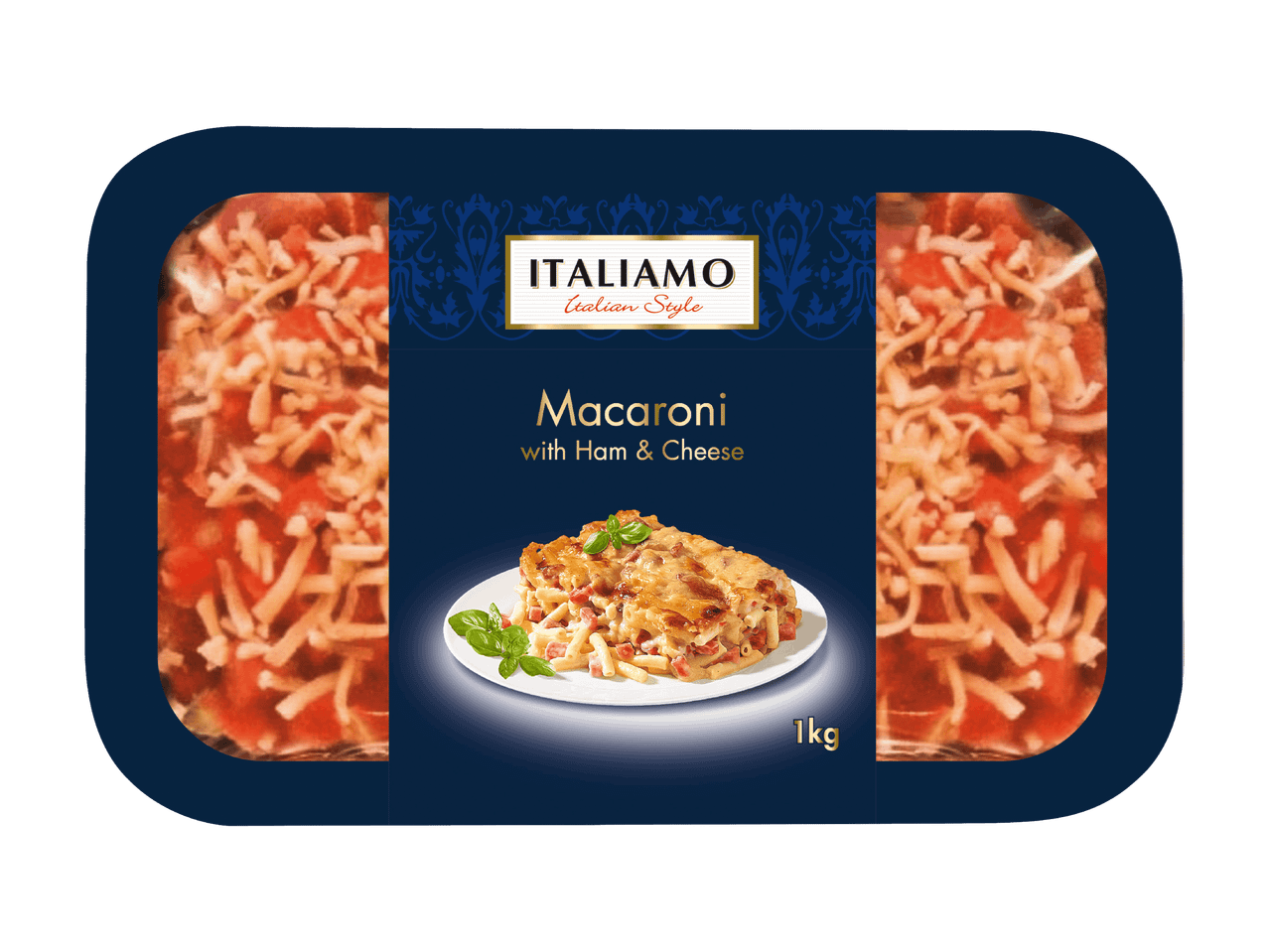 Plat de macaronis au jambon et fromage, avec une portion individuelle sur une assiette, 1kg.