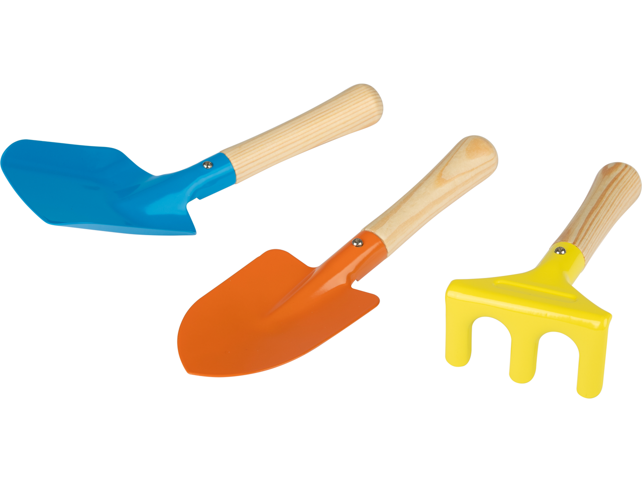 Lupilu® Kids' Garden Hand Tools: blue spade, orange trowel, and yellow rake.