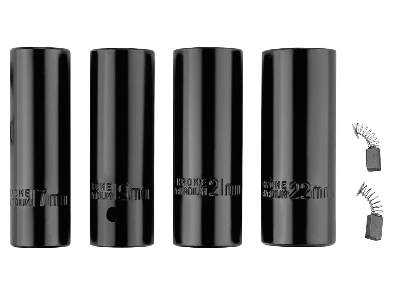 Négy fekete dugókulcs (17mm, 19mm, 21mm, 22mm) és két szénkefe rugóval fekete háttér előtt.