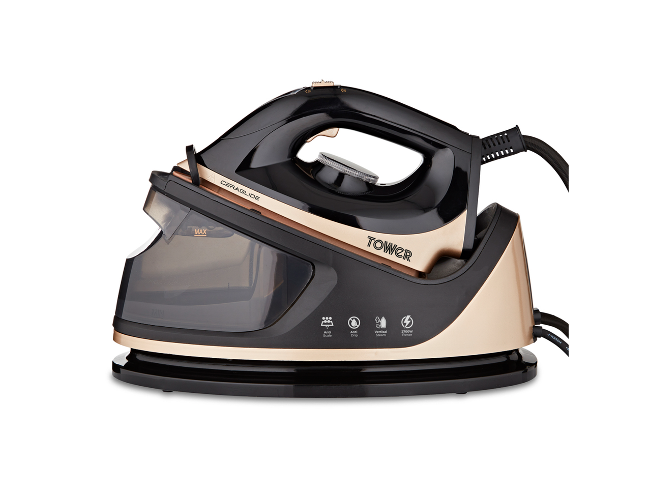 Tower Ceraglide 2700W Steam Iron in black and rose gold, with a water tank and various feature icons.