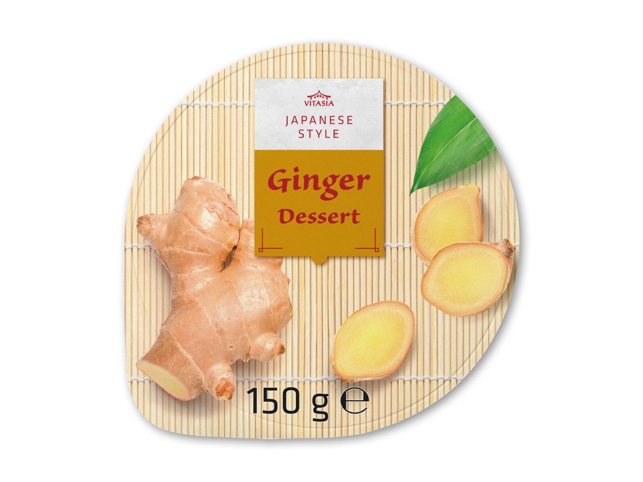 Ingefærdessert i japansk stil med 150 g ingefær og skiver på en bambusmåtte.