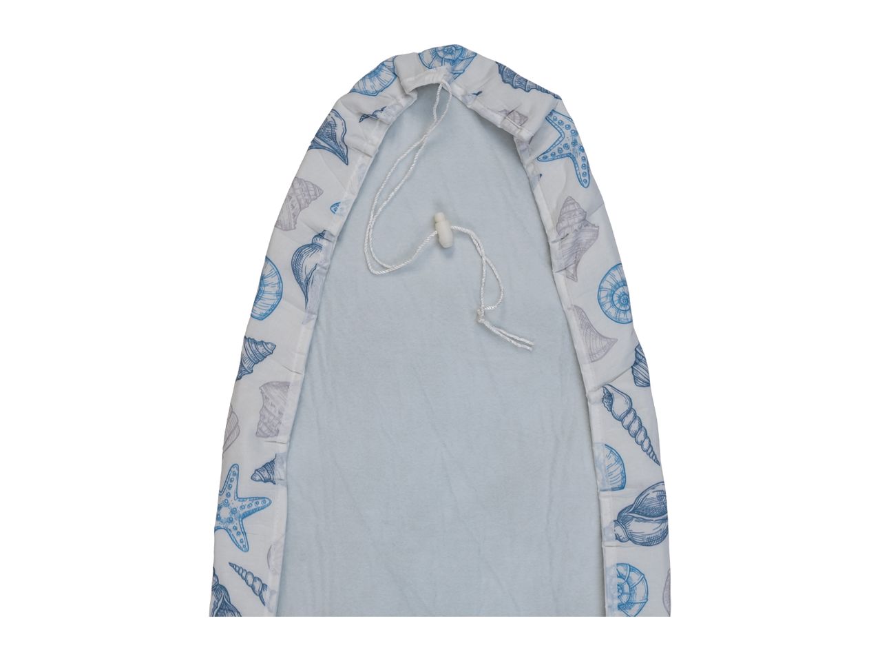 Ironing board cover with a blue and grey seashell pattern
