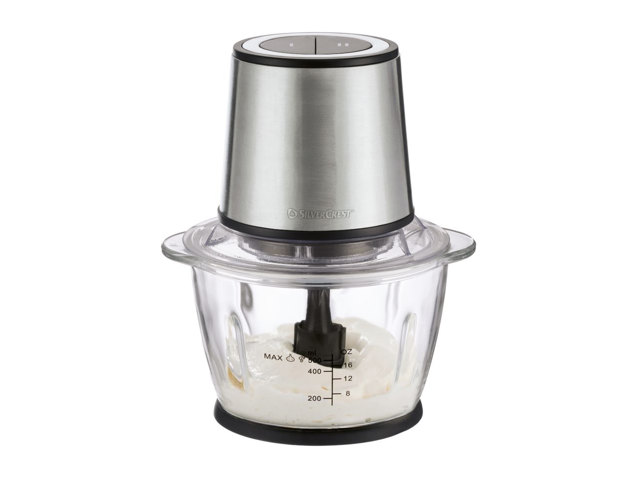 Food chopper with a stainless steel motor unit and a glass bowl containing a white substance.