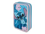 Stitch mintás tolltartó, kék és rózsaszín színekben, virágokkal díszítve.