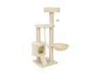 Multi-level beige cat tree with scratching posts, a hammock, a condo, and a hanging toy