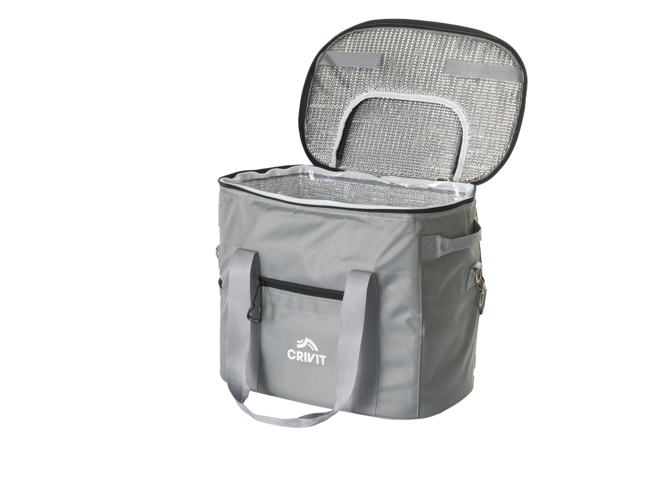 CRIVIT Cool Bag, open, showing insulated interior, on a black background.